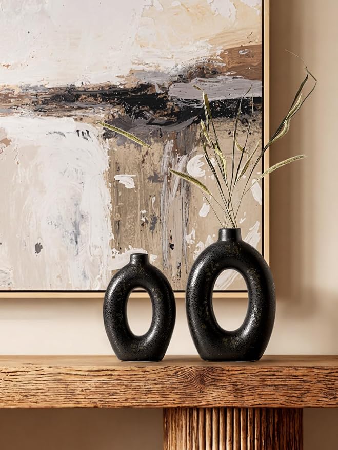 LE TAUCI Ceramic Vases Set of 2, Black Hollow Donut Flower Vases, Modern Decorative Centerpiece for Home Decor, Coffee Table, Shelf, Mantel, Black Bronze Speckle (H10.5”xW8.5”)