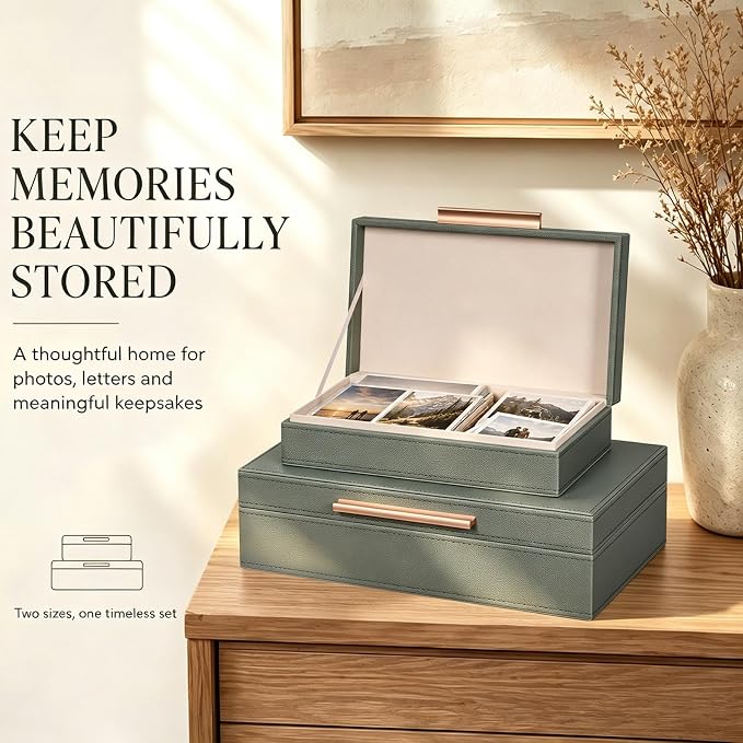 Decorative Box, Decorative Boxes with Lids 2-Set, Memory Box for Keepsakes | Beautiful PU Leather Decorative Storage Boxes in Style, Decor Box with Rose Metal Handle, Store Photos, Documents Green