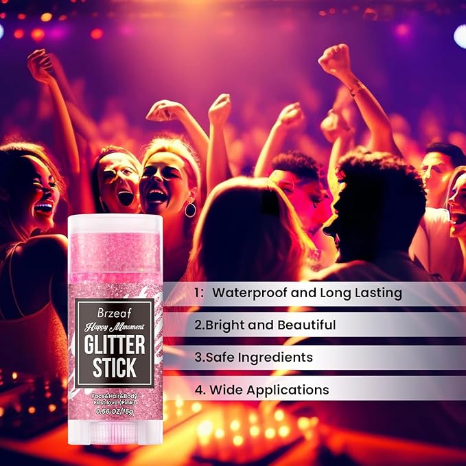 Brzeaf Christmas Pink Glitter Stick, Not Greasy & Long Lasting, Chunky Glitter for Face/Body/Hair/Eyes/Lip, Singer Concert Music Rave Festival, Glitter Stick Makeup & Face Glitter Gel for Women Men