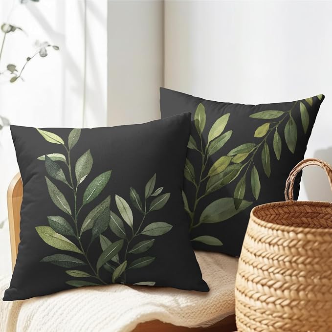 Kawani Green Leaf Throw Pillow Covers 22x22 Inch Set of 2 Spring Summer Plant Leaves Black Decorative Pillow Cases Double Side Printed Cotton Linen Cushion Cover for Couch Sofa Home Decor