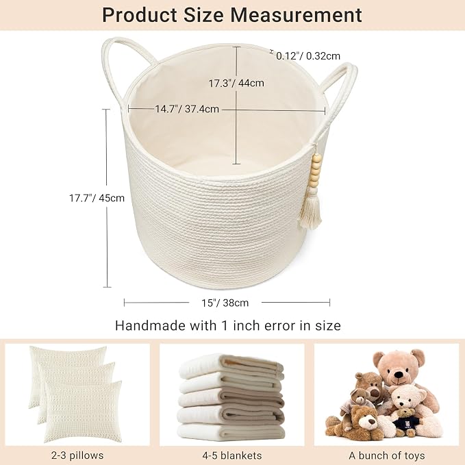 Mkono Woven Storage Basket for Blanket, Toys Plant Organizer, 15"W x 17.7"L | White, Cotton, Decorative Basket with Handle, Wood Beads Tassel, Shoes Towel Clothes Storage Bin, Living Room Bedroom Nursery