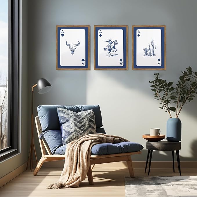 Western Wall Art Set of 3, Blue Cowboy Wall Decor Trendy Southwestern Playing Card Longhorn Bull Skull Poster Canvas Aesthetics Prints for Bedroom Living Room 16x24 inch Wood Framed