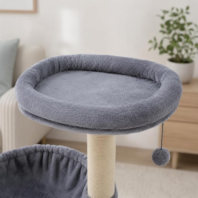 Smouatou Cat Tree with Cat Condo and Two Hammocks, Cat Tower with Scratching Posts and Scratching Pads Cat Toys, Grey