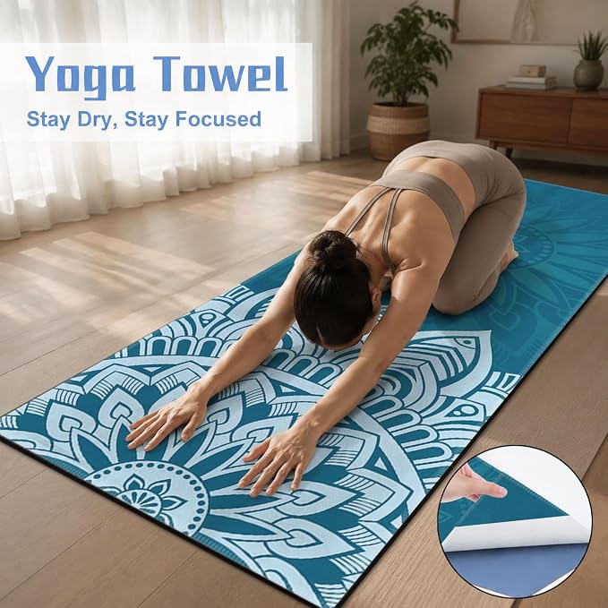 Yoga Mat Towel, Hot Yoga Non Slip with 4 Corner Pockets, 70 x 26 in | Soft Absorbent Microfiber With Four Corner Pockets, Fits Over Yoga Mats For Hot Yoga, Pilates, Gym, And Travel