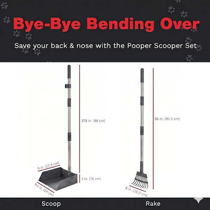 Pooper Scooper for Dogs with Heavy Duty Long Handle Rake & XL Tray | Rustproof Aluminum Poop Scooper for Large Dogs, 36+" Handles and 9”W 9.5”L Extra Large Tray for Yard, Grass, Dirt & Gravel