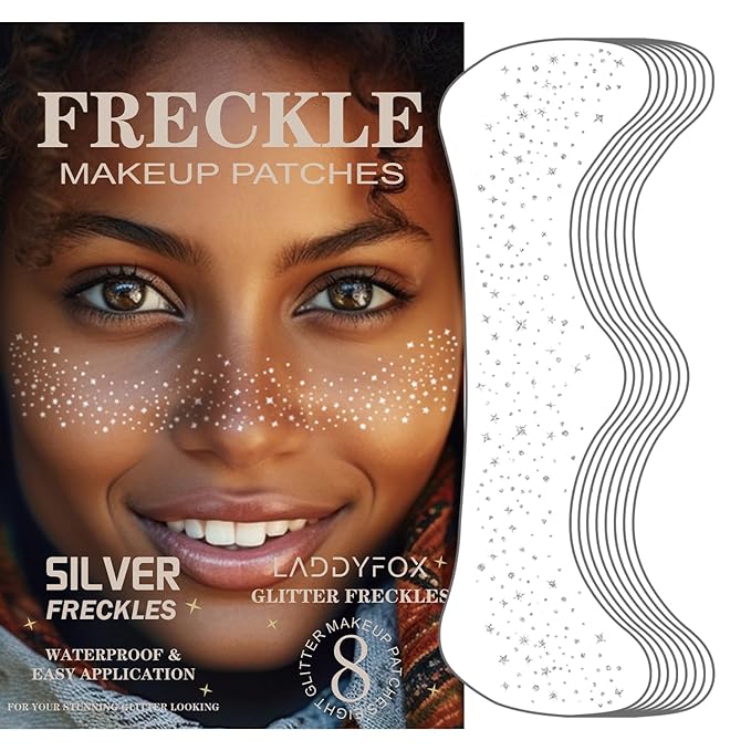 8 Pcs Silver Face Makeup Patches, Silver Glitter Freckles Face Tattoo, Glitter Freckles, Sparkle Makeup Patches, Waterproof Face Glitter Temporary Tattoos for Women
