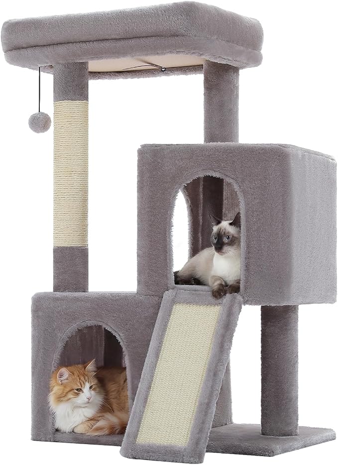 PAWZ Road Cat Tree, 35" Cat Tower with Dual Condos for Indoor Cats,Gray | cat tree tower with enlarged perch, scratching ramp, dual condos and large base for small & adult cats