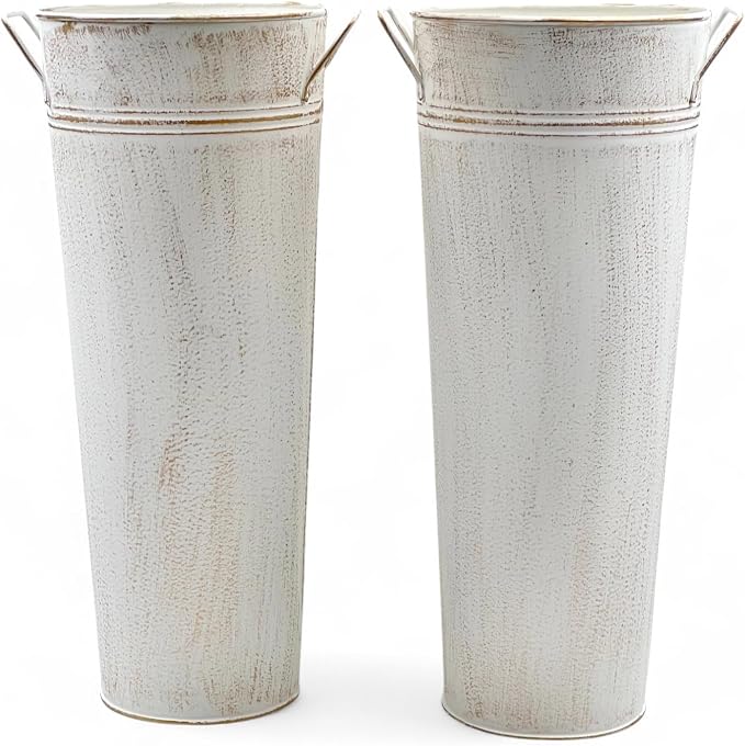 Hosley Set of 2 White Metal French Bucket with Handles & PVC Liner, 6" Dia x 15" H for Weddings, Parties, Country Picnics, Floral Arrangements, Tableware Storage, or Gardens - Rustic Farmhouse Décor