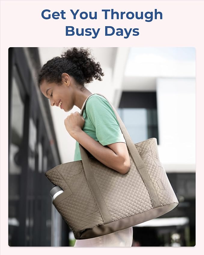 BAGSMART Crush Tote Bag for Women, 20L Puffer Work Tote with Zipper, Travel Essentials Quilted Nurse Hospital Bag