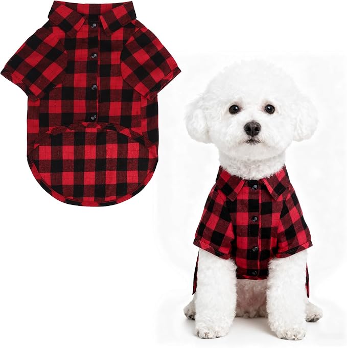 PUPTECK Classic Plaid Dog Shirt, Puppy Polo T-Shirt Clothes, Red S | Soft Cotton Button Up Dog Clothes for Small Medium Dogs Boy Girl, Fashion Pet Tee, Chic Casual Pet Outfit Apparel