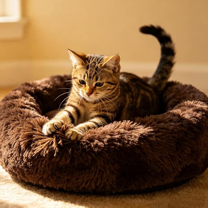 Cat Beds for Indoor Cats - Cat Bed Washable 20/24 inches, Dog Beds for Small Medium Dogs, Anti Anxiety Round Fluffy Plush Faux Fur Pet Bed, Thick Bottom (Coffee, Medium)