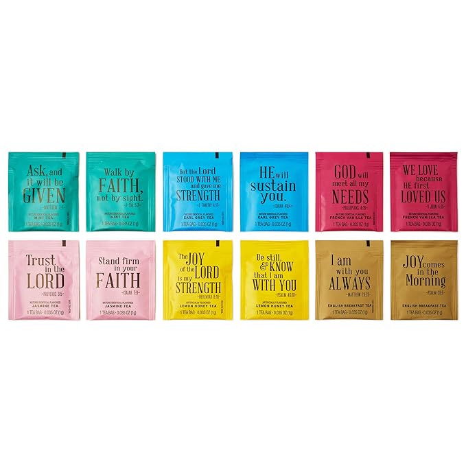 Thoughtfully, Tea Affirmations Christian Prayer Gift Set for Women, Religious Tea Gift with 6 Flavors and Bible Verses from Psalms and Other Books to Rejoice Pack of 90