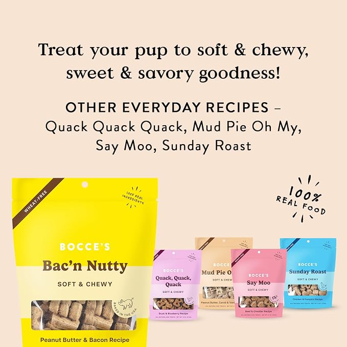Bocce's Bakery Bac'n Nutty Soft & Chewy Dog Treats, PB & Bacon Flavor (6oz) | Oven Baked, Wheat-Free Everyday Dog Treat Cookies - Made with Real, Limited Ingredients and Baked in The USA