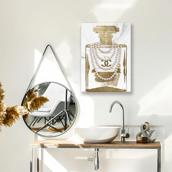 2 Pieces Vintage Perfume Bottle Wall Art Gold Canvas Pictures Wall Decor Modern Luxury Fashion Posters Print Glam Artwork Picture for Bedroom Make up Room Home Decor 12"x16"(30x40cm)