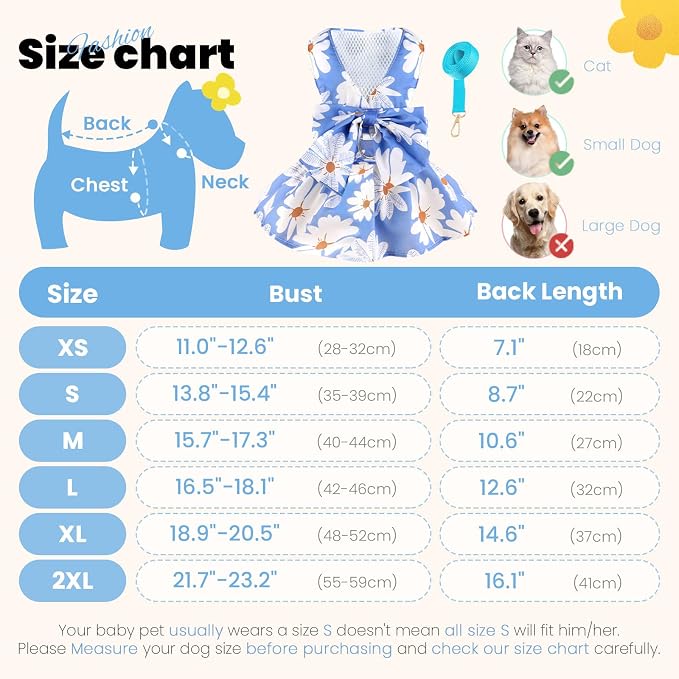ABRRLO Cute Dog Dress Small Dog Clothes for Girls Female Puppy Outfits Floral Pet Summer Clothes Bowknot Doggy Harness Dress Cat Princess Dresses for Holiday Birthday Party (Blue Daisy, Small)