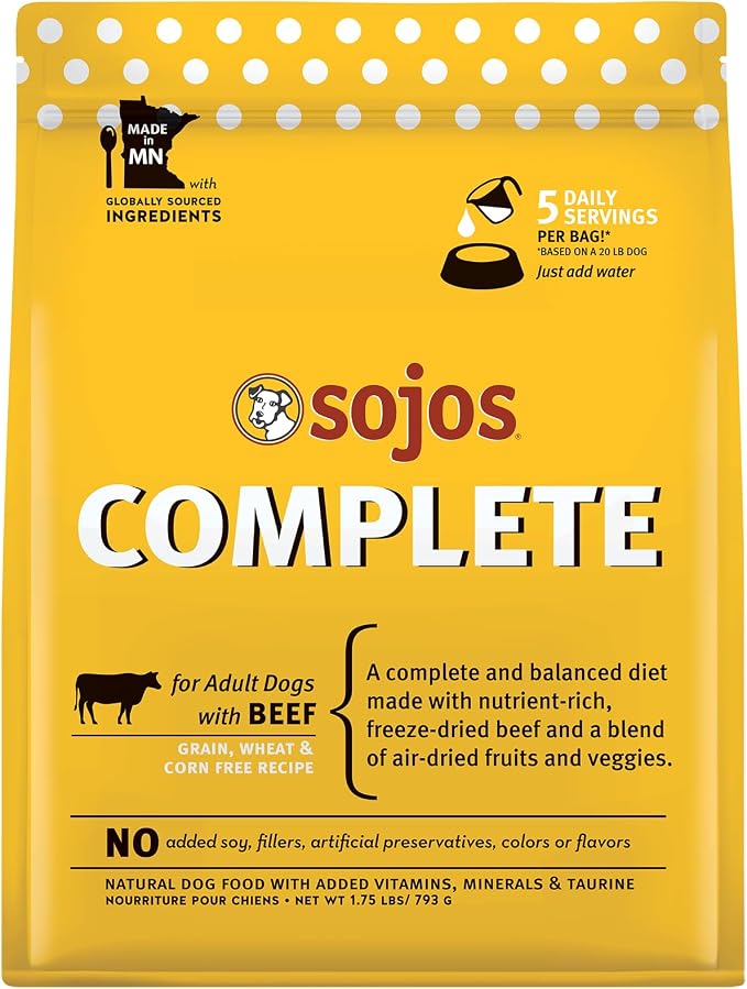 Sojos Complete Freeze Dried Raw Adult Dry Dog Food, Grain Free, Natural, Beef Recipe, 1.75 lb Bag