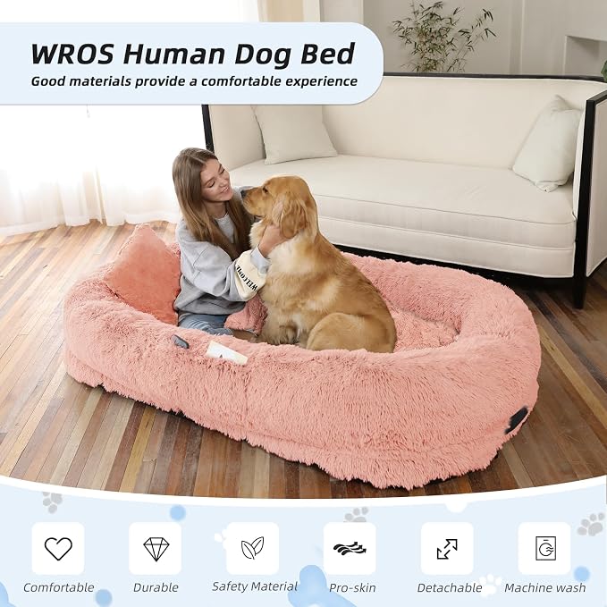 WROS Human Dog Bed for Adult, 71"x45"x12" Giant Calming Nest Beds, Pink | Washable Soft Faux Fur Cover, Orthopedic Foam Support, Non-slip Bottom, Includes Blanket, Strap & Pillow