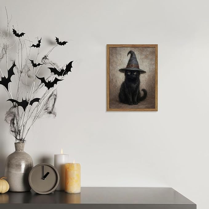 Framed Halloween Cat Wall Art, Vintage Gothic Black Cat Witch Canvas Wall Decor Paintings, Moody Dark Academia Animal Artwork Posters Prints Pictures for Bedroom Living Room 12x16 Inch
