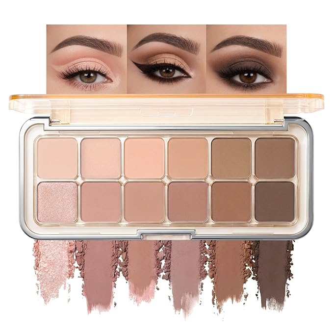 Erinde 12 Colors Eyeshadow Palette, Latte Brown Neutrals & Nude Eye Shadow Makeup, Matte Shimmer Finishes, Long Lasting Ultra-Blendable Waterproof Eyeshadow Powder for Daily & Party, 08