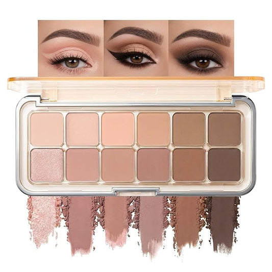 Erinde 12 Colors Eyeshadow Palette, Latte Brown Neutrals & Nude Eye Shadow Makeup, Matte Shimmer Finishes, Long Lasting Ultra-Blendable Waterproof Eyeshadow Powder for Daily & Party, 08