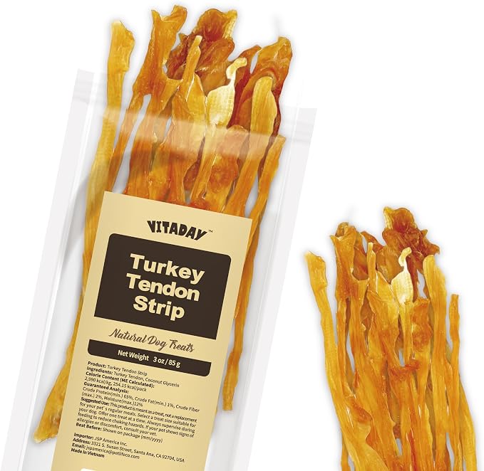 VITADAY Turkey Tendons for Dogs, All Natural, Healthy Dog Treats, Long Lasting, Hypoallergenic Dog Chews, Rawhide Free, USA-Sourced, for Small Dogs, Strips, 3 oz Pack | Long-lasting dog training treats, Rawhide-free made of USA-sourced turkey