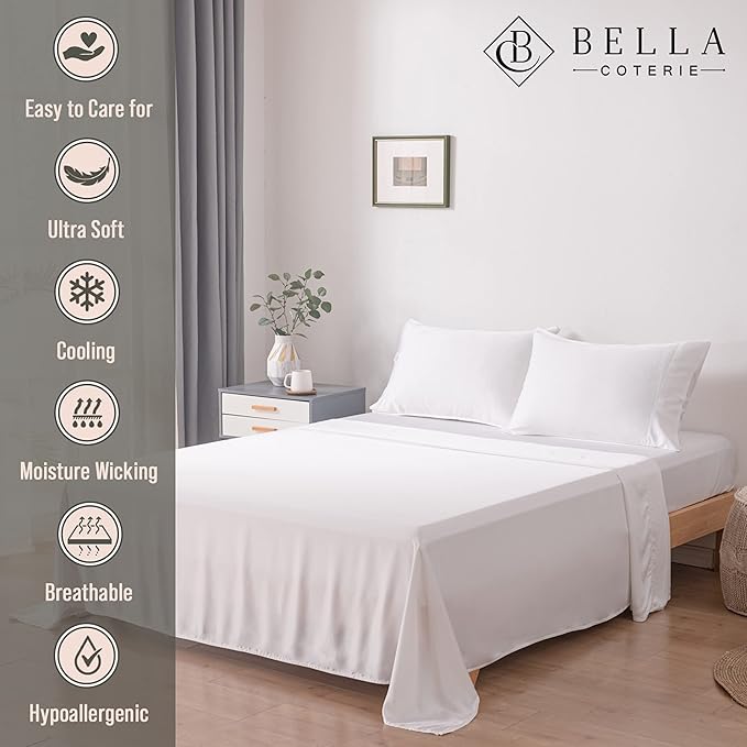 Bella Coterie Luxury Bamboo Viscose Split King Size Sheet Set | 2 Fitted Sheets for Sleep Number & Adjustable Beds | 100% Organically Grown | Cooling & Ultra Soft | 18” Deep Pocket [White]