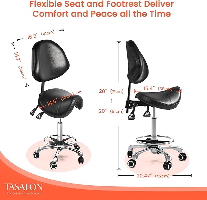 TASALON Saddle Stool with Back Support Ergonomic Adjustable Stool with Wheels - Swivel Salon Cutting Stool for Kitchen, Salon, Spa, Tattoo, Pedicure, Massage -Esthetician Chair – Black