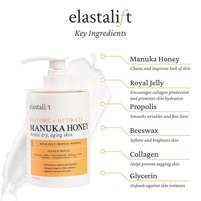 Elastalift Manuka Honey Cream Face Moisturizer & Body Butter Lotion For Dry Skin | Firming & Hydrating Miracle Balm Skin Care Moisturizing Lotion For Women, Wrinkles, & Sun Damaged Skin, 2-Pack