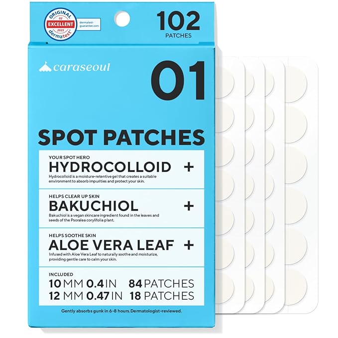 caraseoul Pimple Patches, 2 Size Hydrocolloid Acne Patch for Zits and Blemishes, Bakuchiol & Aloe Vera, Korean Skin Care, Easy to Use – Dermatology Tested