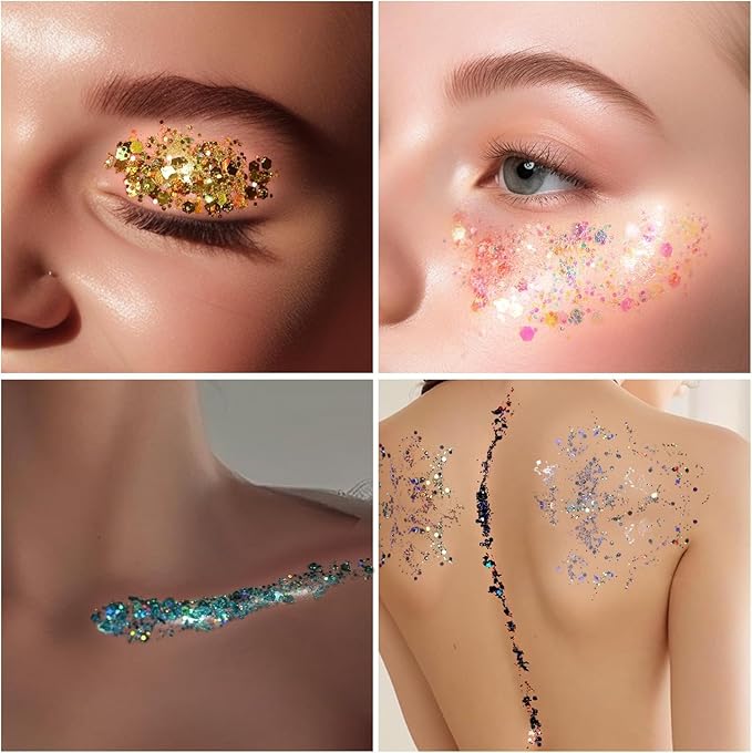 Body Glitter Face Glitter Makeup Festival Glitter, 12 Colors Face and Body Glitter Gel, Hair Glitter Gel, Body Makeup，Hair Glitter for Halloween Makeup Festival