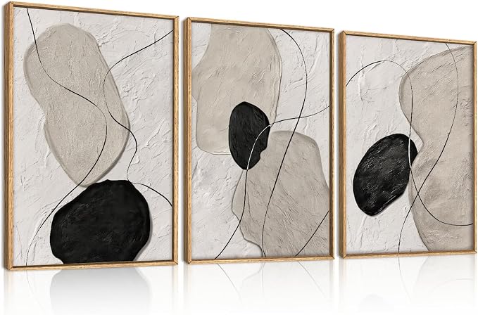 ANHUIB Neutral Abstract Wall Art Canvas,Mordern Geometric Wall Decor Framed,Contemporary Minimalist Artwork, Black Beige Canvas Prints, 3 Piece 16 * 24IN Painting for Living Room Bedroom Office
