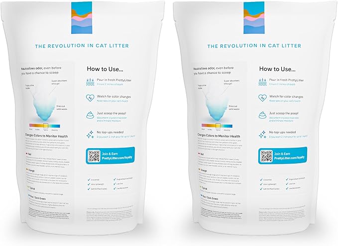 PrettyLitter Health Monitoring Cat Litter, Unscented, 2-Pack, 6 lb. Bags | Up to 2 Months Supply, Non-Clumping, Advanced Odor Control, Automatic Litter Box Compatible, Color Changing Silica Crystals