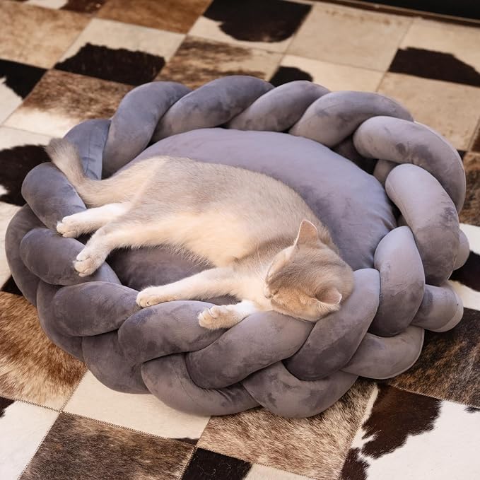 CHEERPALS Weave Cat Bed for Indoor Cats,Cute Pet Bed with Washable Cushion Fluffy Kitty Bed for Small Dog(Dark Gray)