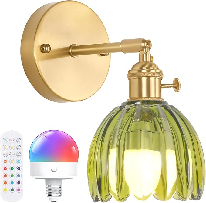 Shenmoyl Vintage Battery Operated Wall Sconce with Green Tulip Glass Lampshade Rechargeable Battery Powered Wall Light with Remote Control for Bedside Bedroom Doorway