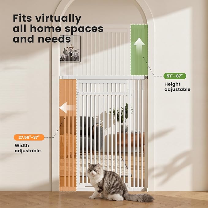Extra Tall Cat Gate 51"-87" Height Adjustable Pressure Mounted 4 Extensions | 51"-87" height & 27.56"-37" width adjustability; pressure-mounted installation. 4 extension Ideal for doorways, pets & babies