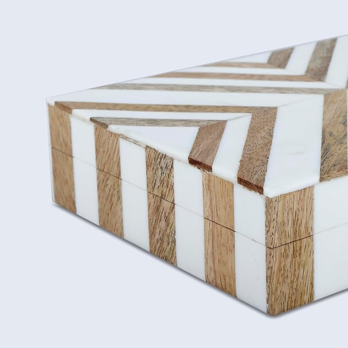 Handicrafts Home White Decorative Storage Box with Lid Wooden Desk Organizer Box Office Storage Box for Workspace Desk Decor Organizer – Resin Inlay Marquet Chevron Collection - 5x7x1.5