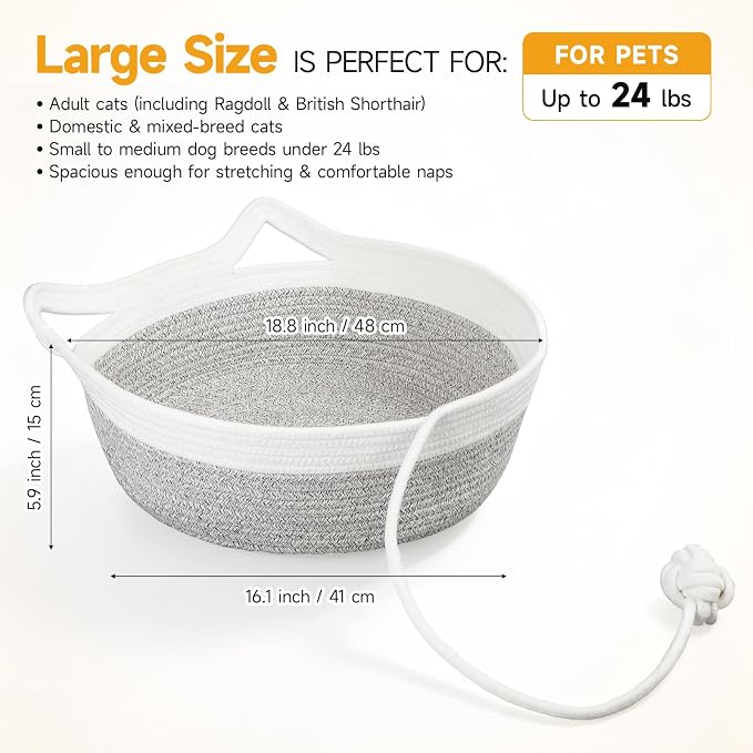 Cotton Rope Woven Cat Bed, Instinct Pet Basket with a Play Ball, Large | Foldable Cat Scratcher Basket for Indoor Cats, Puppies, Rabbits and Small Pets, White & Light Gray