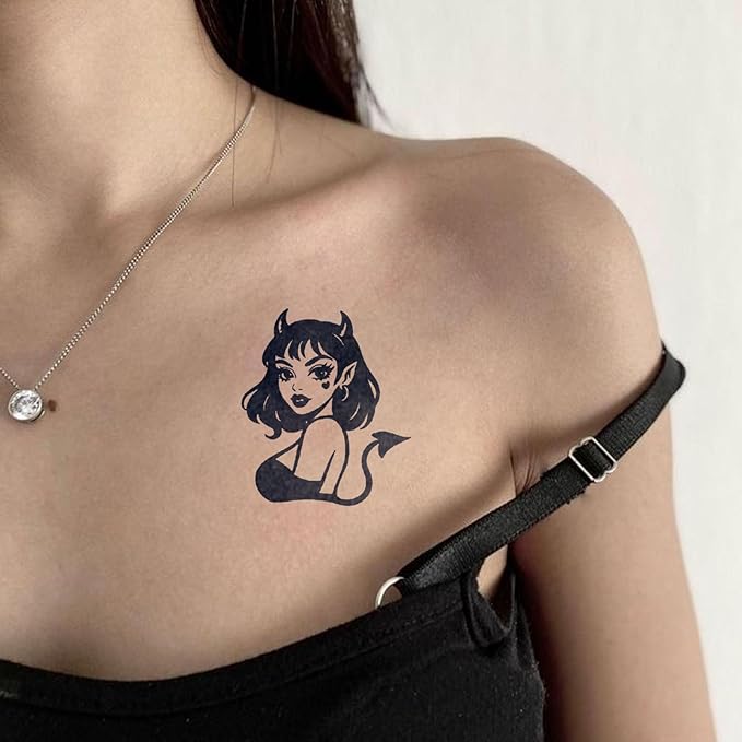 2 Sheets Long Lasting Little Devil Temporary Fake Tattoos For Women Adults Arm Hand Neck,Butterfly Semi Permanent Tattoo For Adults Girl,Realistic, Waterproof and Non-Reflective