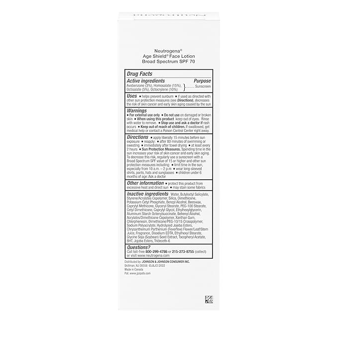 Neutrogena Age Shield Face Oil-Free Sunscreen Lotion with Broad Spectrum SPF 70, Non-Comedogenic Moisturizing Sunscreen to Help Prevent Signs of Aging, PABA-Free, 3 fl. oz.