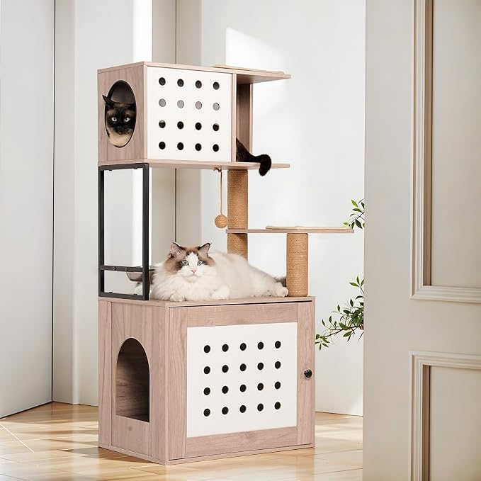 Cat Tree & Litter Box Enclosure,Modern All-in-one Indoor Cats Tower with Large Platform, Cat Condo with Wood House, Food Station, Hammocks (21.7”)