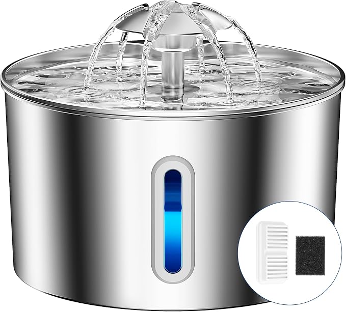 Stainless Steel Cat Water Fountain - 108oz/3.2l Metal Pet Water Bowl Dispenser with Quiet Pump - Automatic Water Fountains for Dog/Cats Drinking - Pets Waterer Indoor with Replacement Filters