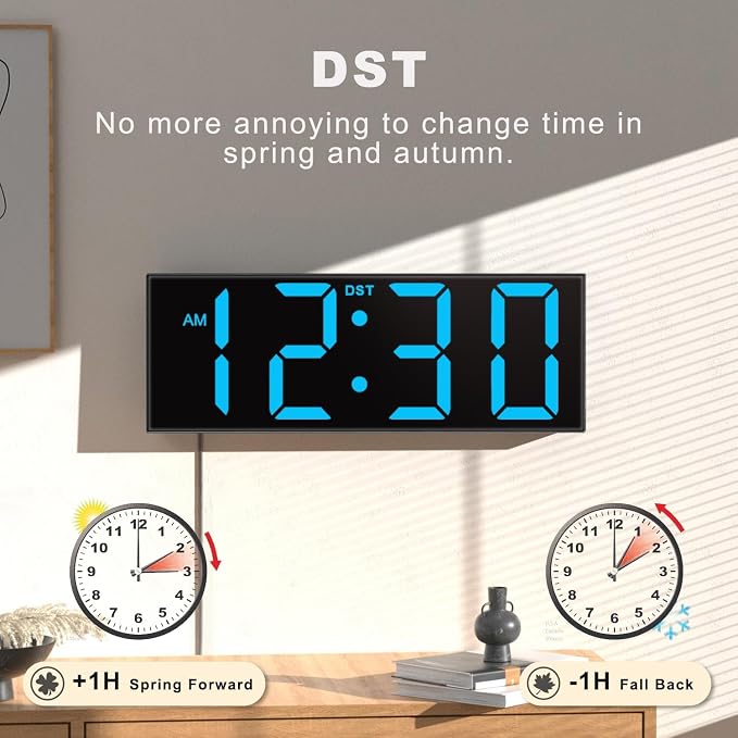 JALL Digital Wall Clock Large Display with Big LED Numbers, Remote Control, 8 RGB Colors, Auto DST, Night Light for Classroom Living Room Bedroom Birthday Gift for Senior, Men Women, Blue
