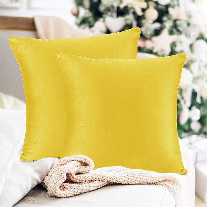 Throw Pillow Inserts Pack of 2 with Velvet Soft Solid Decorative Square Throw Pillow Covers Set for Sofa Couch Car Bedroom, 26X26 Throw Pillows Inserts with 24x24 Washable Cushion Covers, Yellow