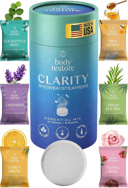 Body Restore Shower Steamers Aromatherapy 6 Pack – Fathers Day Gift for Dad, Birthday Gifts for Women & Men, Spa Stress Relief & Relaxation Self Care Gifts – Premium Clarity Essential Oil Tablets