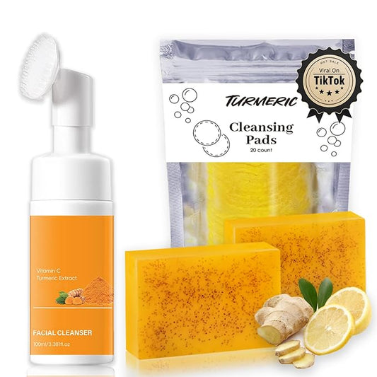 Turmeric Wash and Care Three Piece Set – Turmeric Face Wash with Brush, Exfoliating Facial Pads, Cleansing Soap Bars (2PC) & Turmeric Oil – Jabon de Curcuma, Natural Skincare for Face & Body