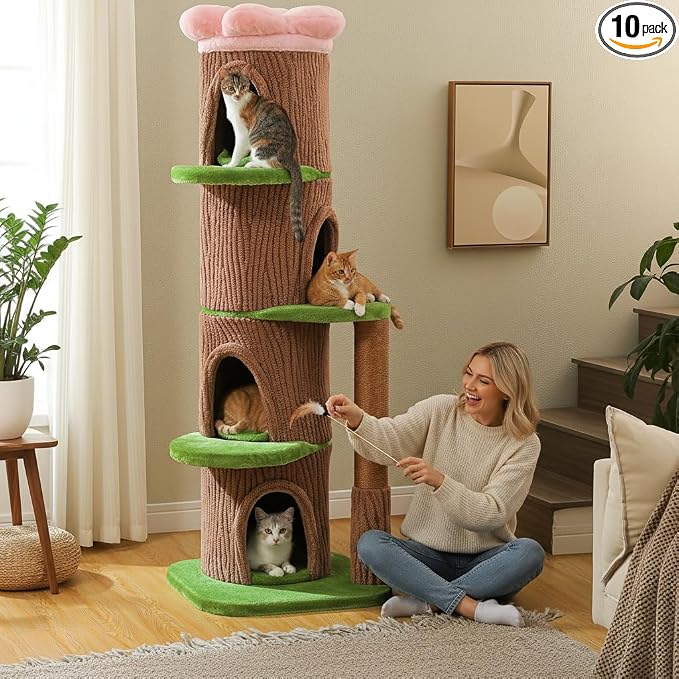 MUTTROS 68.5" Forest Cat Tree Tower with 4 Condos & Flower Top Bed, Brown | Tree-look design, 3.8in thick sisal post, 4 spacious condos, Flower top bed, Heavy duty build, Multi-cat homes