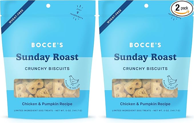 Bocce's Bakery Oven Baked Sunday Roast Treats for Dogs, Everyday Wheat-Free Dog Treats, Made with Real Ingredients, Baked in The USA, All-Natural Chicken & Pumpkin Biscuits, 5 oz (Pack of 2)