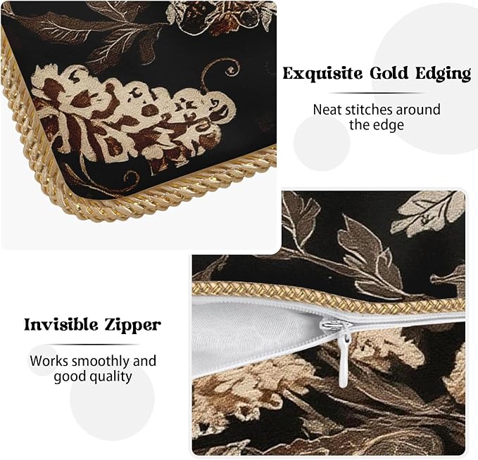 Vintage Black Floral Leaves Velvet Pillow Covers 18x18 Inch Brown Beige Tan Boho Flowers Throw Pillows For Couch Cushion Covers Pillowcase Farmhouse Bohemian Pillow Cases for Sofa Bed Bedroom