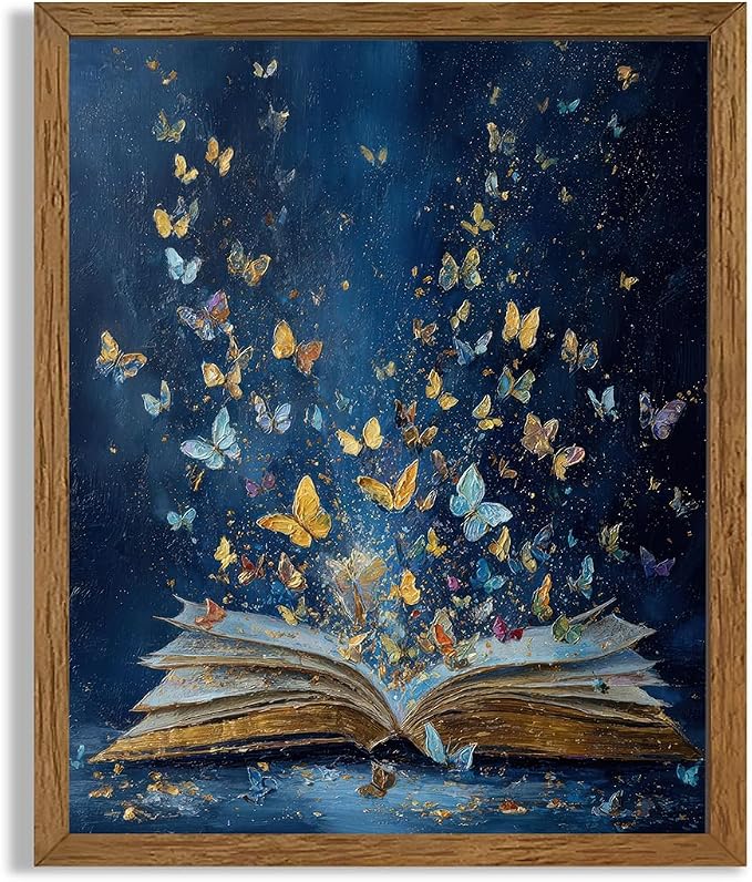 JLTULT Book Wall Art with Butterflies, Solid Wood-Framed Canvas, 8 x 10 in | Blue open-book art with butterflies on fade-resistant canvas and a ready-to-hang solid wood frame for bedrooms and studies