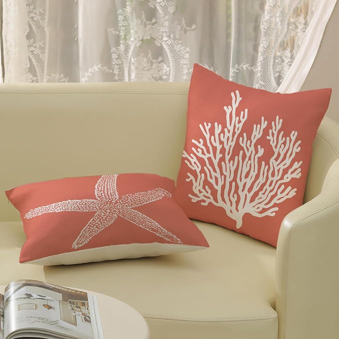 Orange Starfish Pillow Covers 20x20 Inch Set of 2, Nautical Ocean Coastal Coral Throw Pillows Spring Summer Decorations Linen Pillowcase Outdoor Decor Farmhouse Cushion Case for Home Holiday